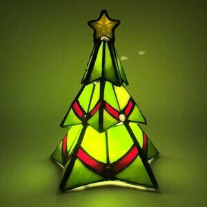 River of Goods Christmas Tree Leaded Stained Glass LED Lighted Accent Lamp WORKS